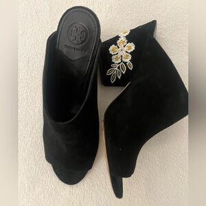 Tory Burch Black Suede Floral Embroidered Women's Shoes